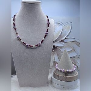 Necklace and Bracelet Pink floral design ceramic beaded set